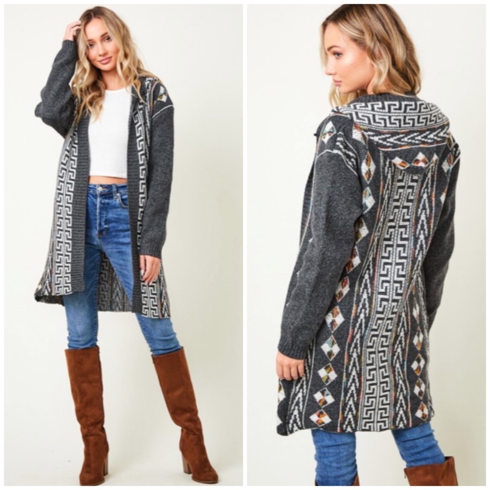 SOLD OUT Gray Native Cowichan Aztec Hooded Cardigan Sweater - Picture 1 of 9
